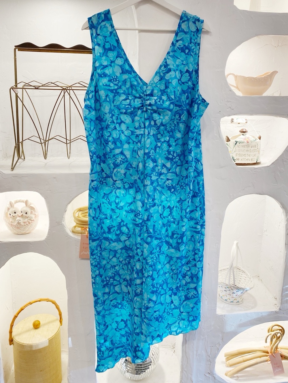 Y2K Vintage Blue Floral Sleeveless Asymmetrical V-Neck Dress with Ruched Bust